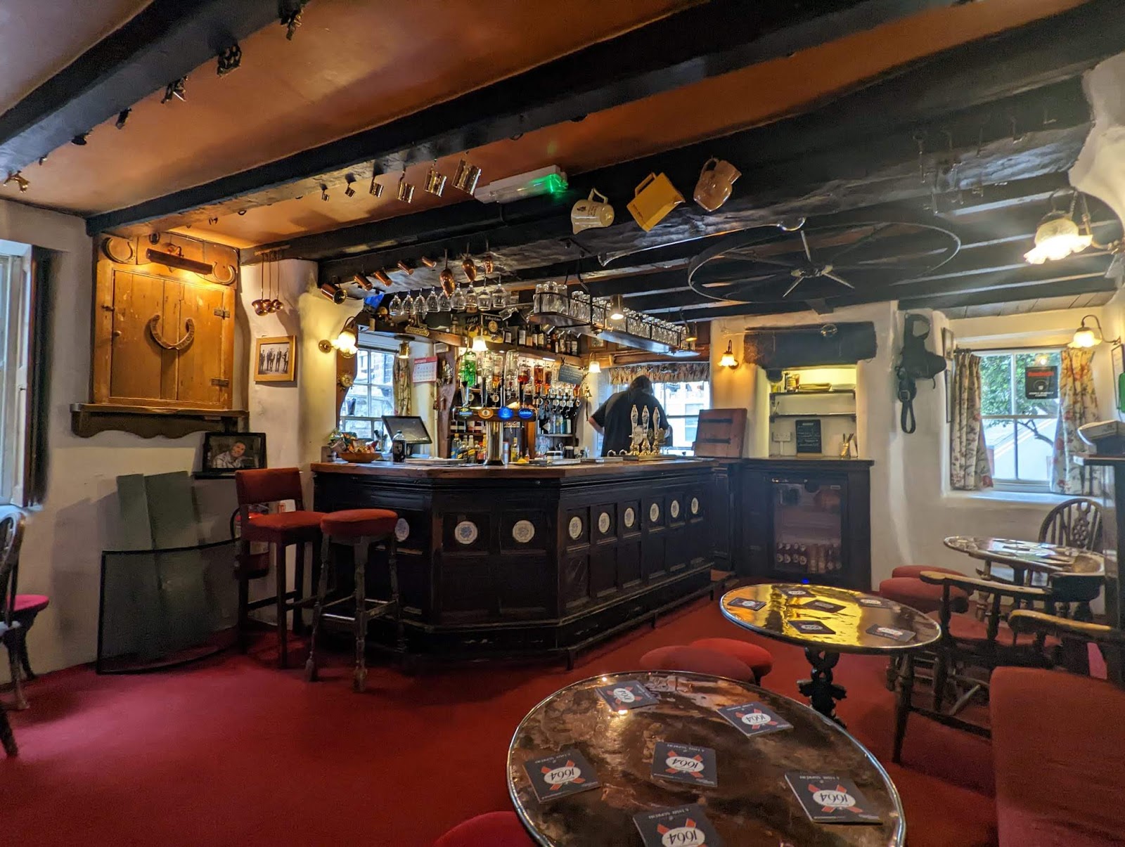 The beamed bar at The Laurel Inn